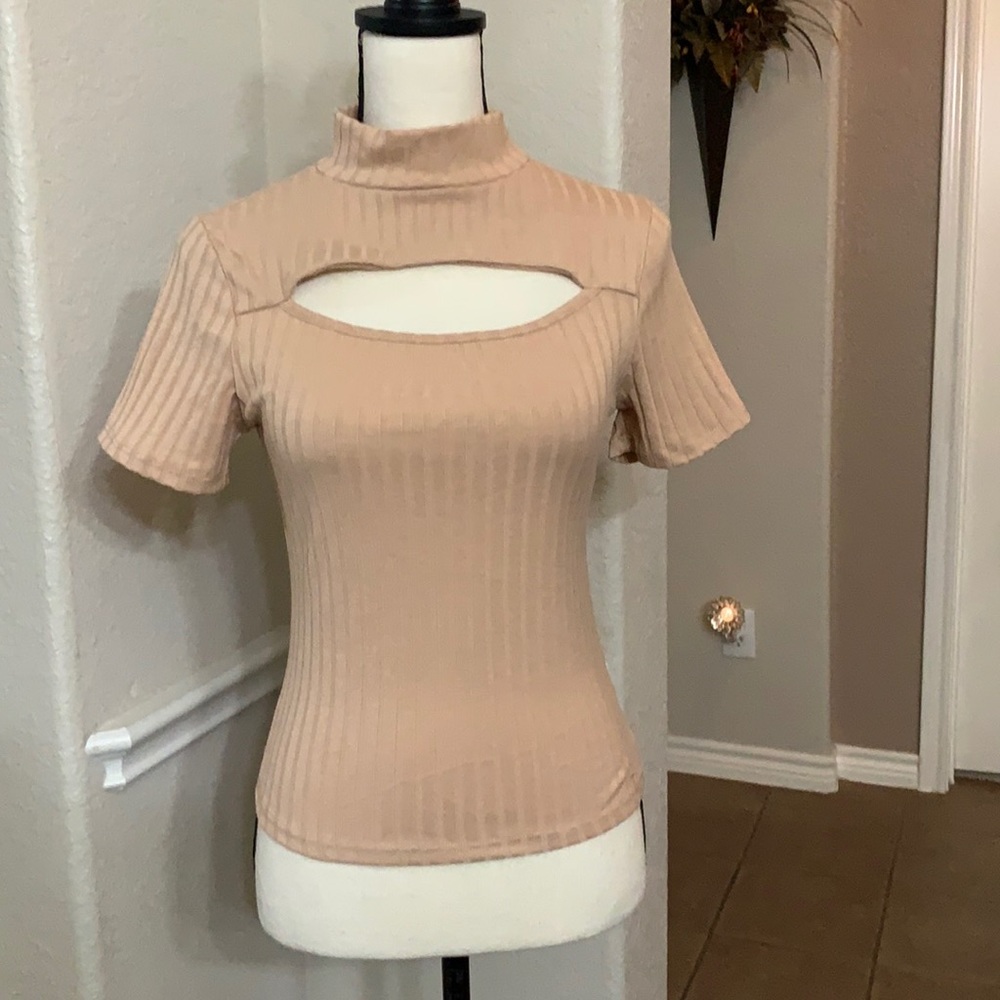 Peach Love tan ribbed fitted cutout top Sizes S, M, L